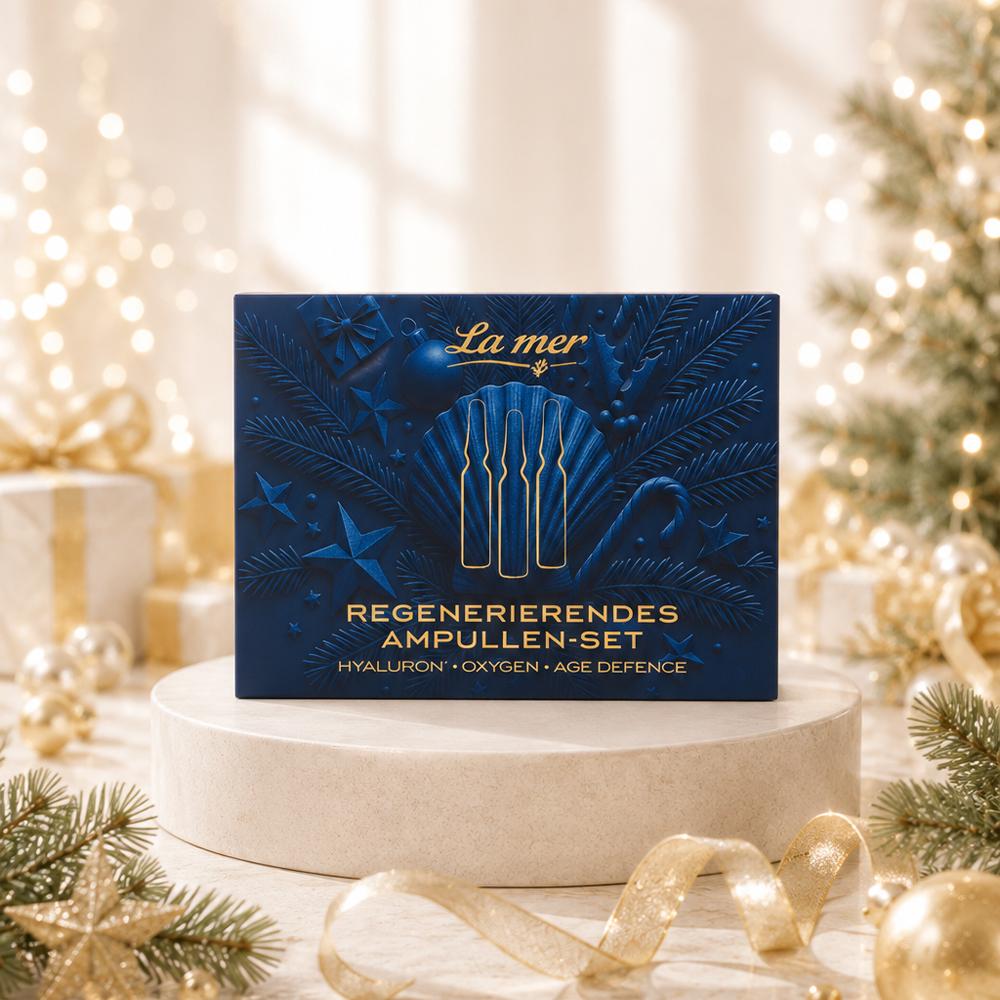 La mer regenerierendes Ampullen-Set mit Hyaluron, Oxygen und Age Defence in festlicher Weihnachtskulisse