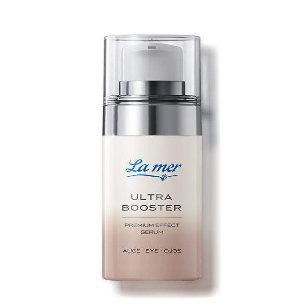 Produktfreisteller des La mer Ultra Booster Premium Effect Augenserums für die Augenpartie in hochwertigem Pumpspender.