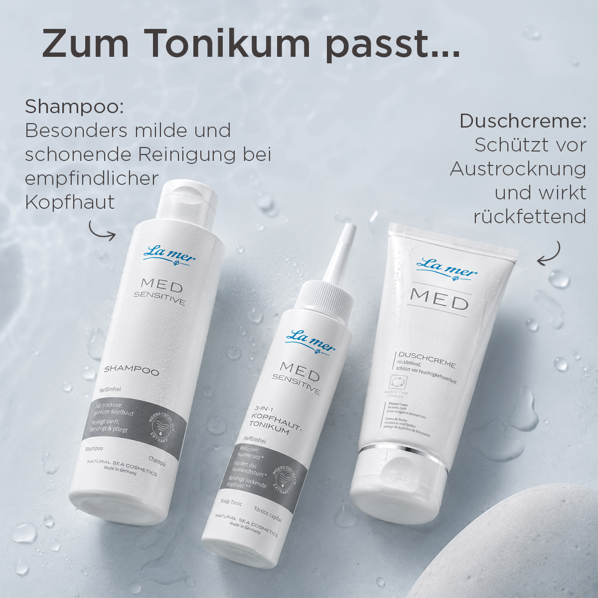 MED Sensitive Kopfhaut-Tonikum mit Shampoo und Duschcreme für empfindliche Haut und Kopfhaut