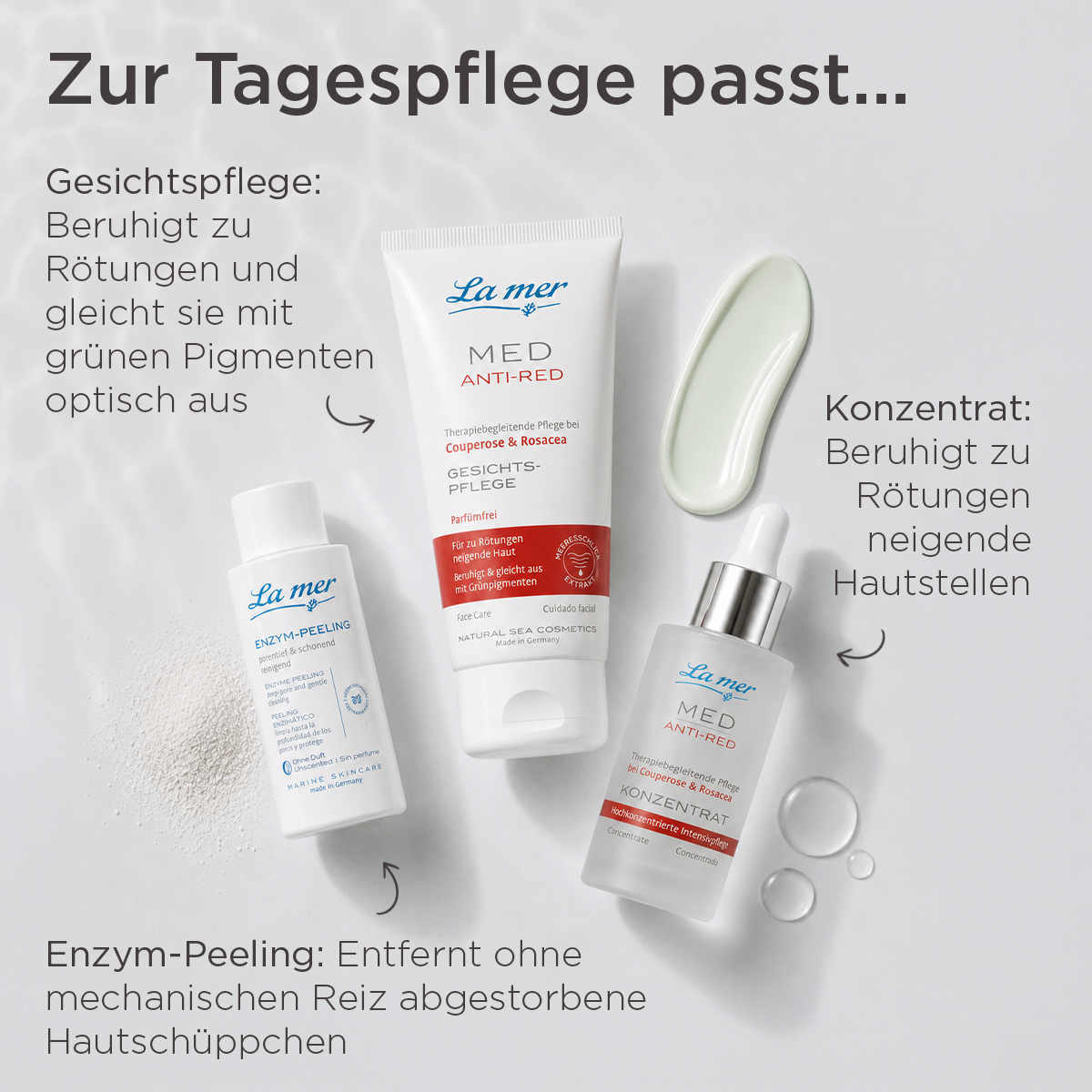 MED Anti-Red Gesichtspflege, Konzentrat und getönte Tagespflege vor Meereskulisse
