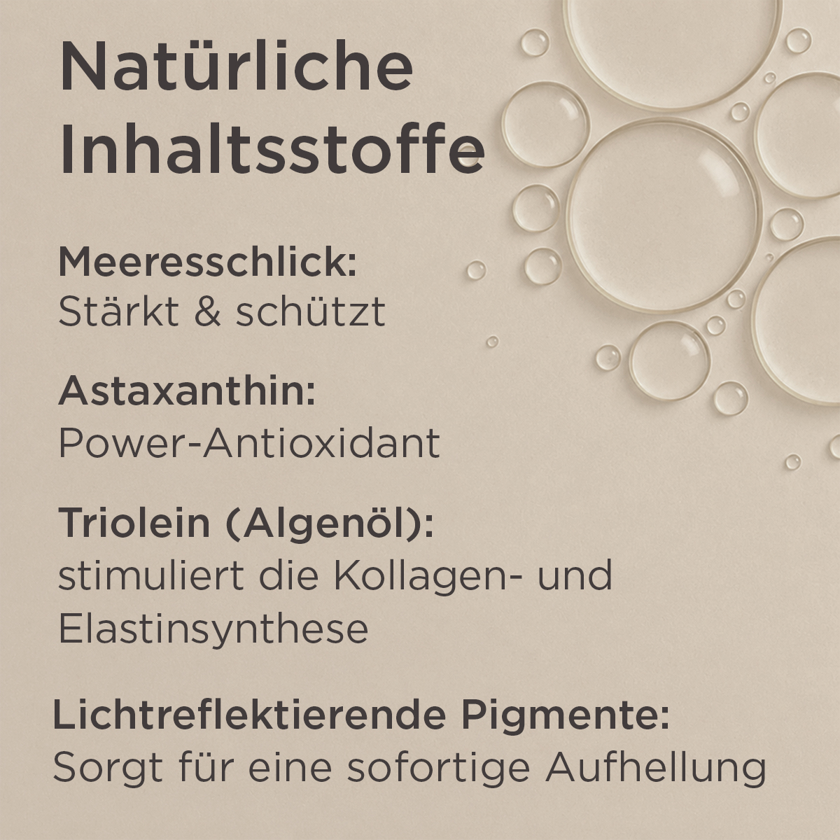 Übersicht der wichtigsten Inhaltsstoffe des Ultra Booster Premium Effect Serums mit Meeresschlick-Extrakt, Astaxanthin, Triolein und lichtreflektierenden Pigmenten