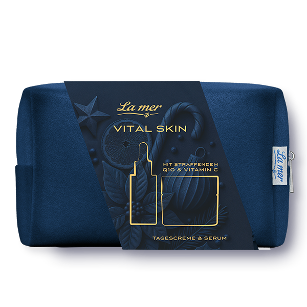 Vital Skin Geschenkset von La mer mit Tagescreme und Serum mit Q10 und Vitamin C in blauer Kosmetiktasche
