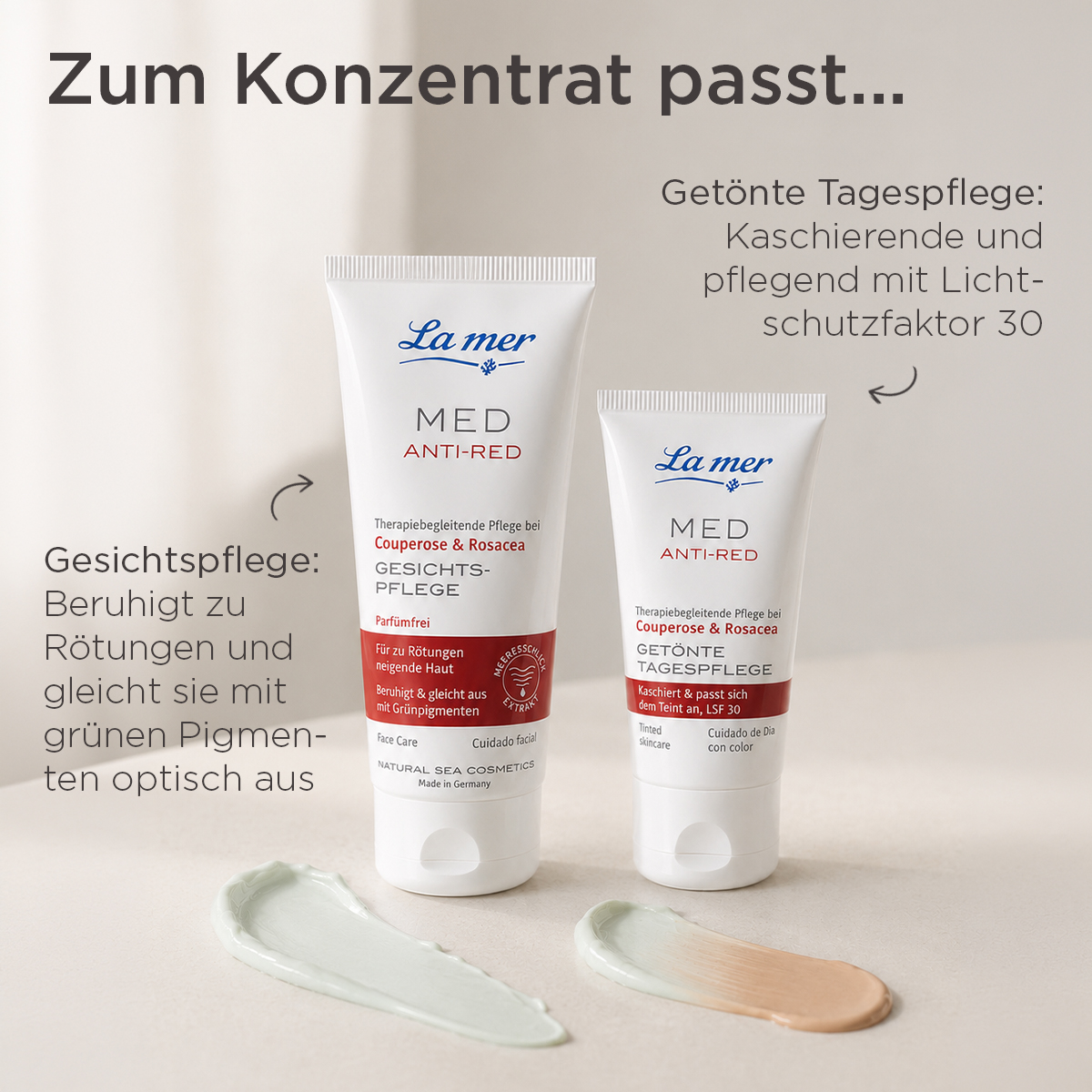 La mer MED Anti-Red Gesichtspflege und getönte Tagespflege als Ergänzung zum Konzentrat