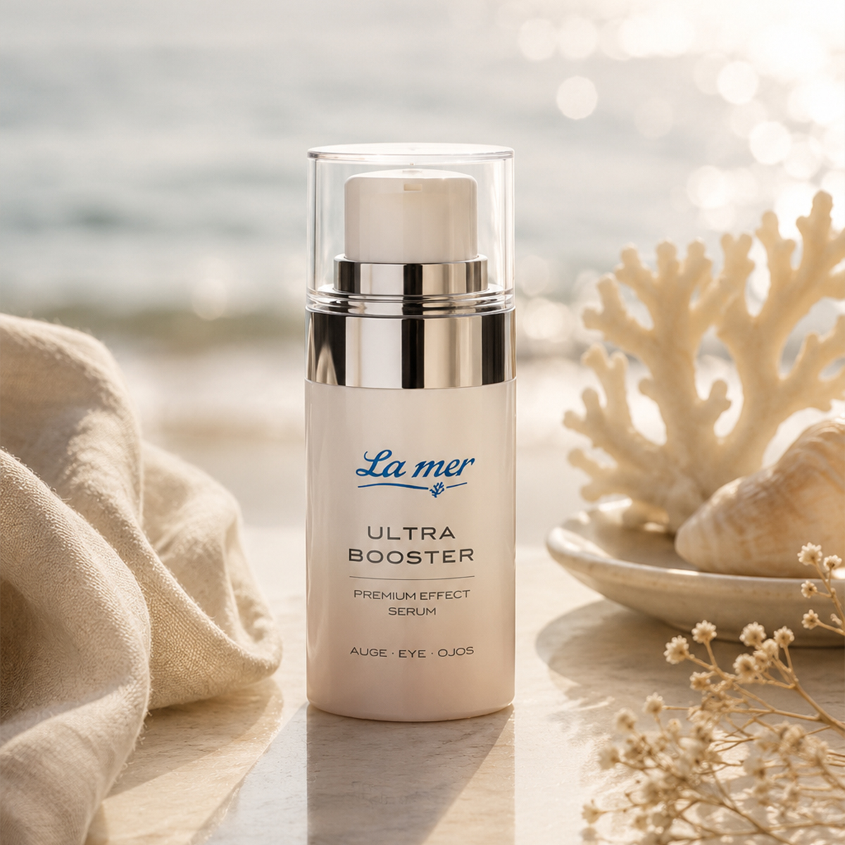 Das La mer Ultra Booster Premium Effect Augenserum vor maritimer Kulisse mit heller, natürlicher Bildwelt.