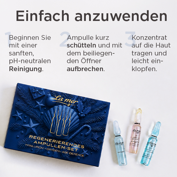 Anwendung des La mer Ampullen-Sets in drei Schritten – Haut reinigen, Ampulle öffnen und Pflegekonzentrat einklopfen