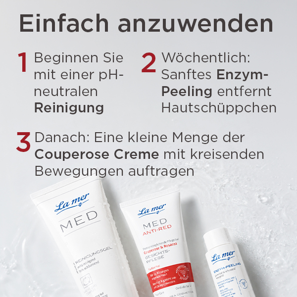 Anwendung der MED Anti-Red Gesichtspflege mit Reinigung und sanftem Enzym-Peeling