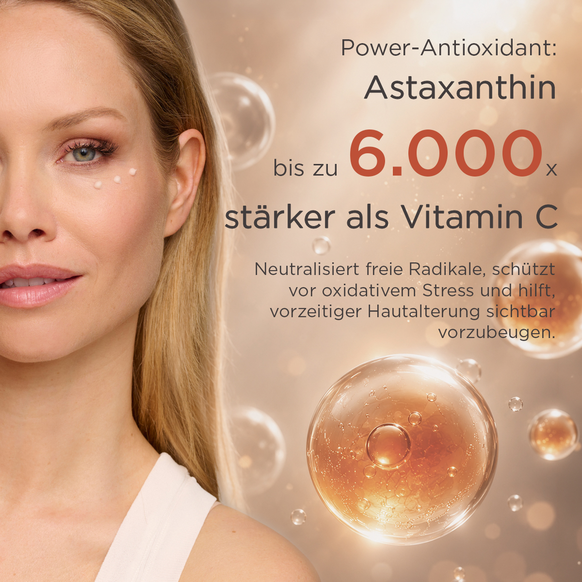 Darstellung des antioxidativen Wirkstoffs Astaxanthin im Ultra Booster Augenserum zum Schutz vor freien Radikalen und oxidativem Stress.