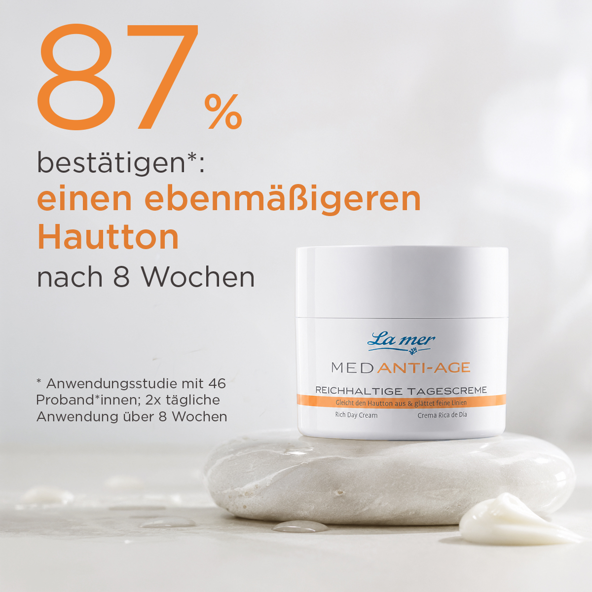 La mer MED Anti-Age Tagescreme – 87 % bestätigen einen ebenmäßigeren Hautton nach 8 Wochen