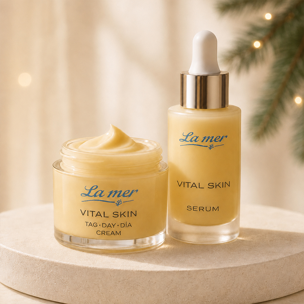 Straffende Vital Skin Tagescreme und Serum von La mer mit Q10 und Vitamin C für ein ebenmäßiges, strahlendes Hautbild
