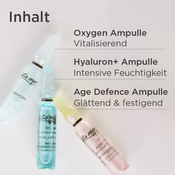 Ampullen-Set mit Oxygen Ampulle, Hyaluron+ Ampulle und Age Defence Ampulle für Feuchtigkeit, Glättung und Festigung