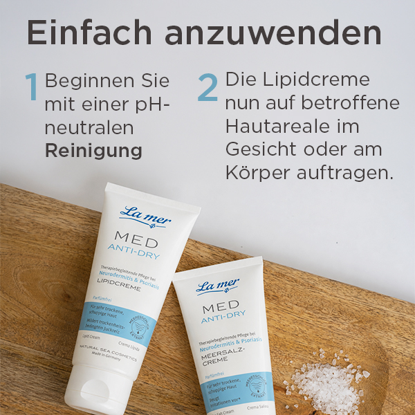 Anwendung der MED Anti-Dry Lipidcreme auf trockenen Hautstellen im Gesicht und am Körpe
