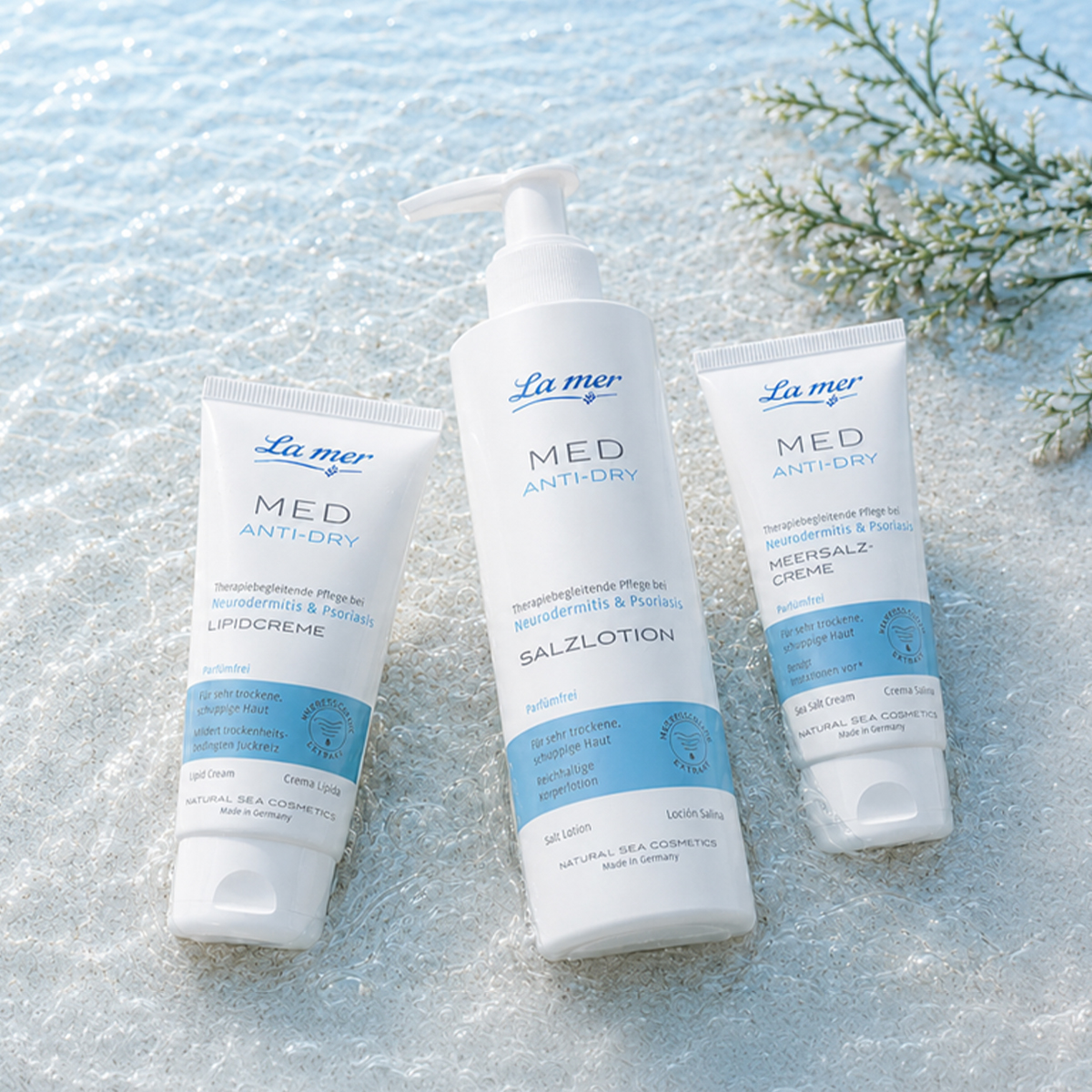 La mer MED Anti-Dry Pflegeserie mit Meersalzcreme, Lipidcreme und Salzlotion