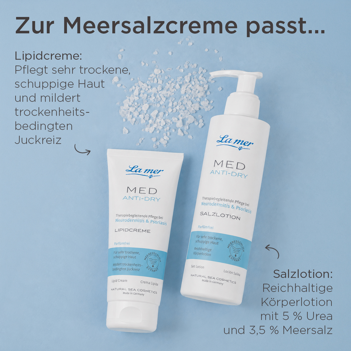 La mer MED Anti-Dry Lipidcreme und Salzlotion als ergänzende Pflege zur Meersalzcreme