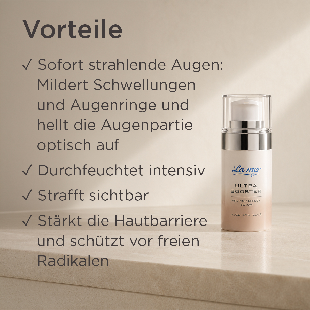 Übersicht der Vorteile des Ultra Booster Augenserums: mildert Schwellungen und Augenringe, spendet Feuchtigkeit, strafft sichtbar und stärkt die Hautbarriere.