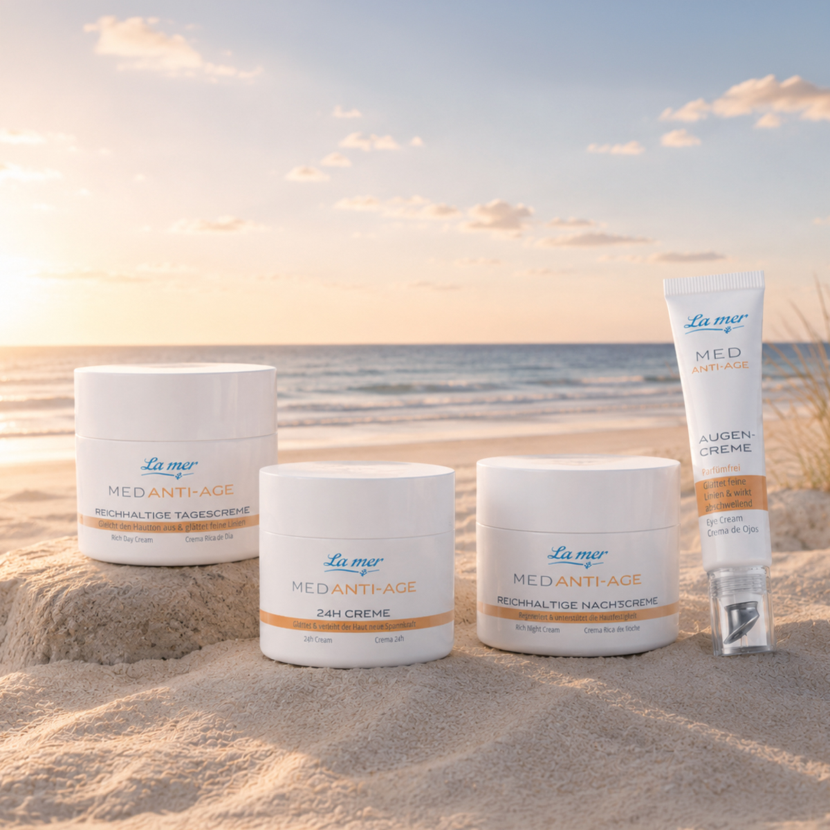 La mer MED Anti-Age Pflegeserie mit Tagescreme, 24h Creme, Nachtcreme und Augencreme am Meer