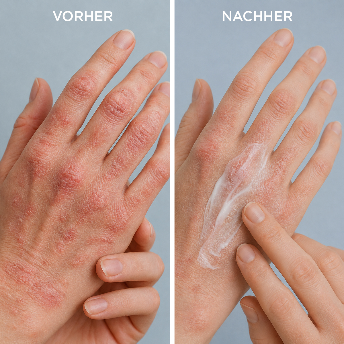 Vorher-Nachher-Darstellung sehr trockener, gereizter Haut an der Hand