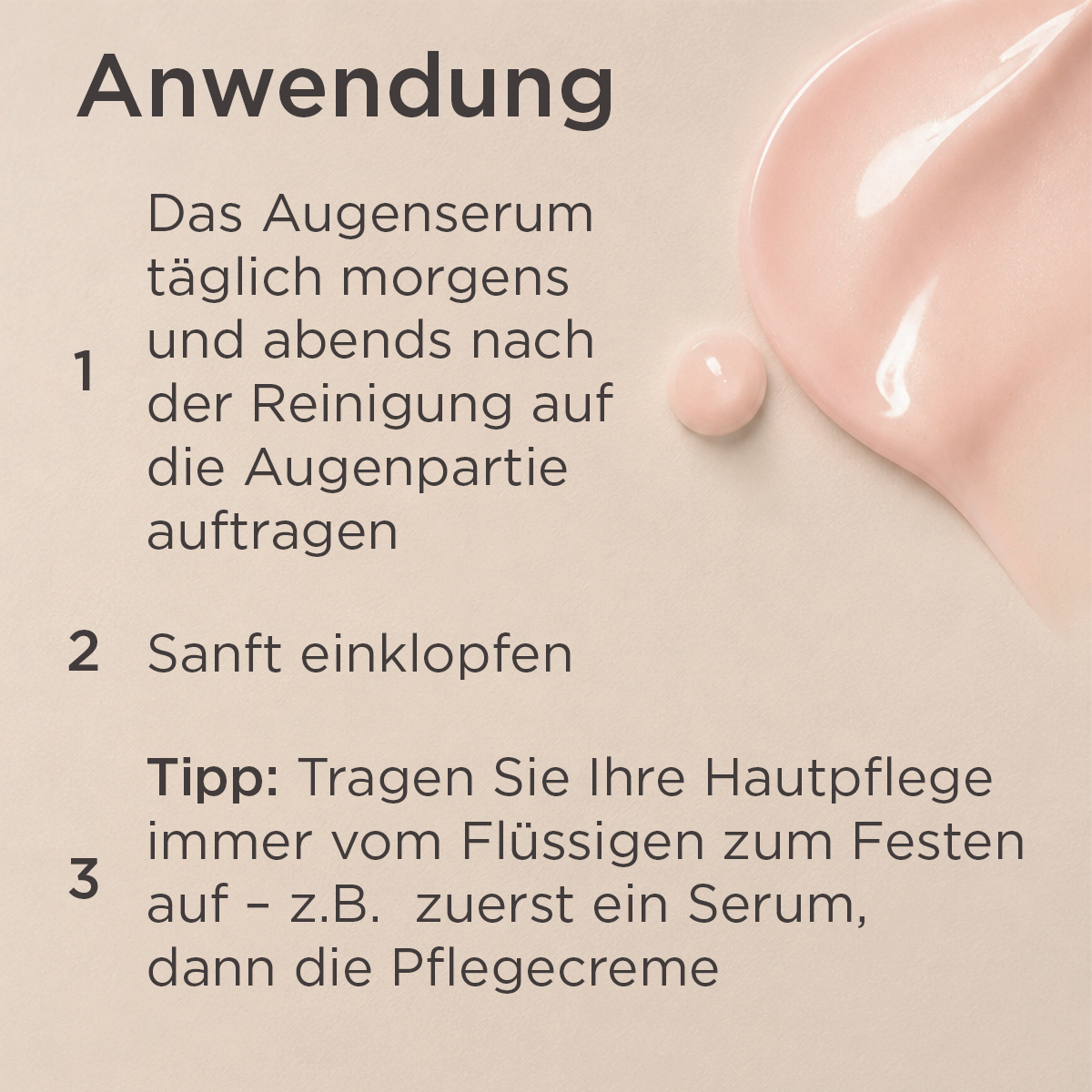 Anleitung zur Anwendung des Ultra Booster Augenserums: morgens und abends auf die Augenpartie auftragen und sanft einklopfen.