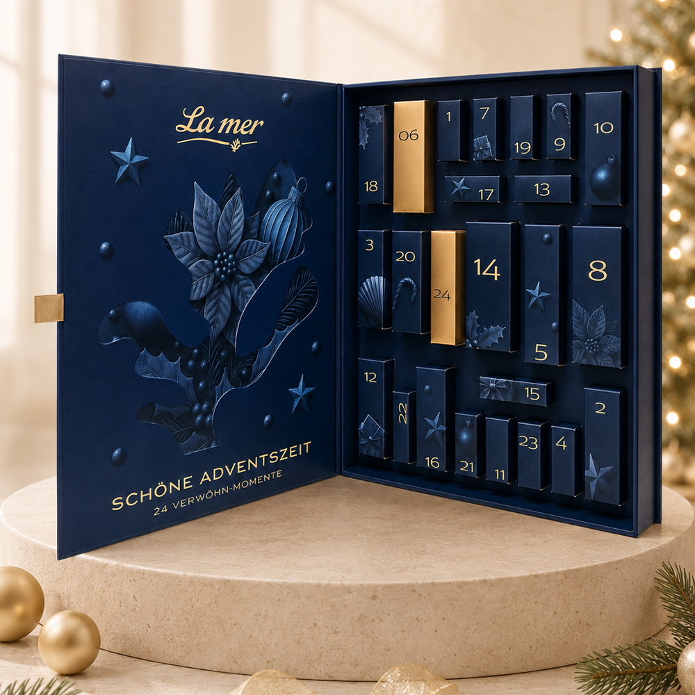 Geöffneter La mer Beauty Adventskalender mit 24 Türchen und Kosmetik-Überraschungen für die Adventszeit